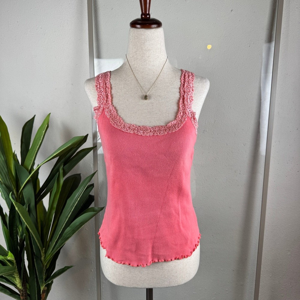 Coquette Balletcore Soft Girl Vintage 90s Coral Ribbed‎ Lace Trim Tank M Petite